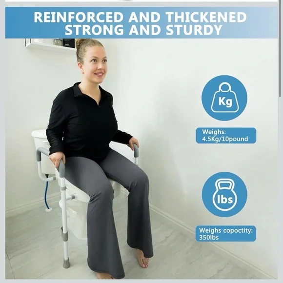 Adjustable White Raised Toilet Seat With Safety Rail - Picture 2 of 9